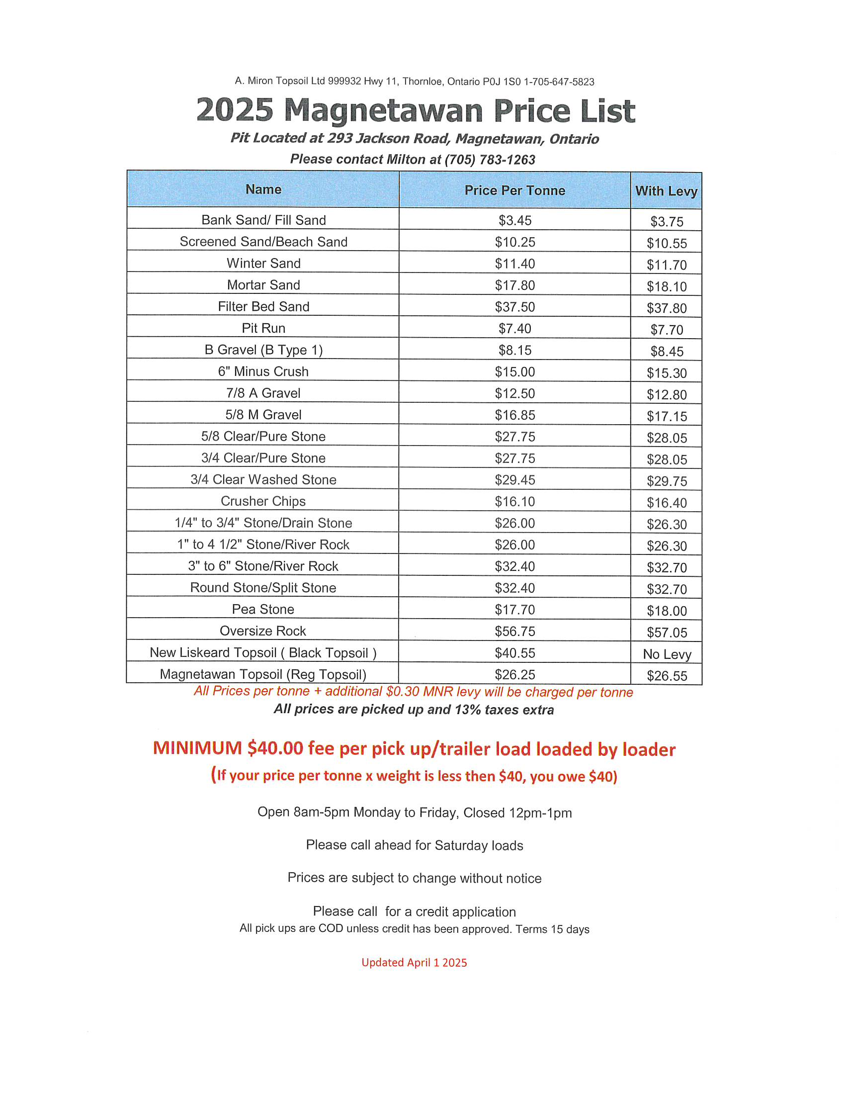 Magnetawan Pit Price list Miron Topsoil