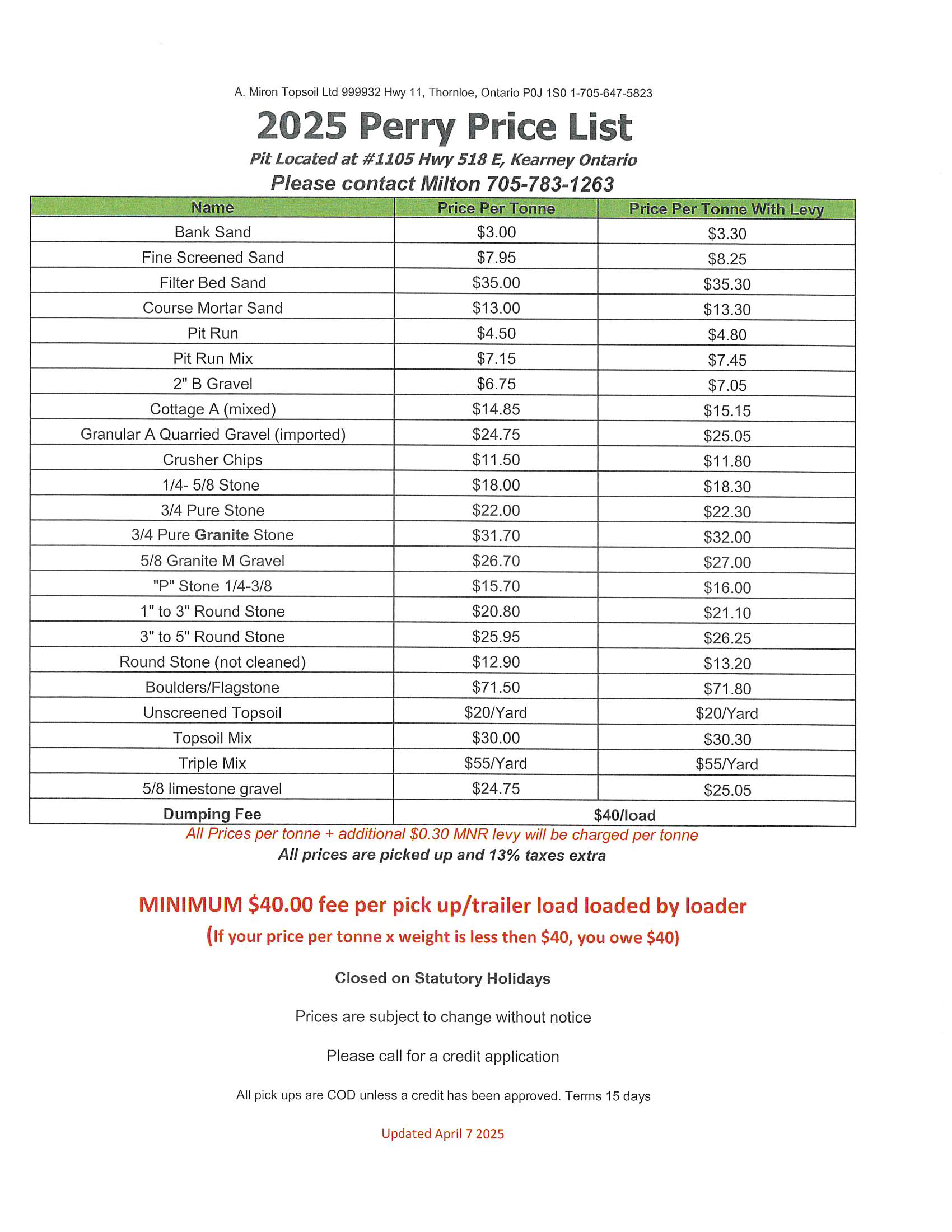 Perry Pit Price list Miron Topsoil